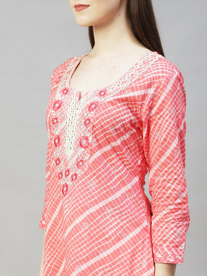 Ethnic Printed & Embroidered Straight Fit Kurta - Peach