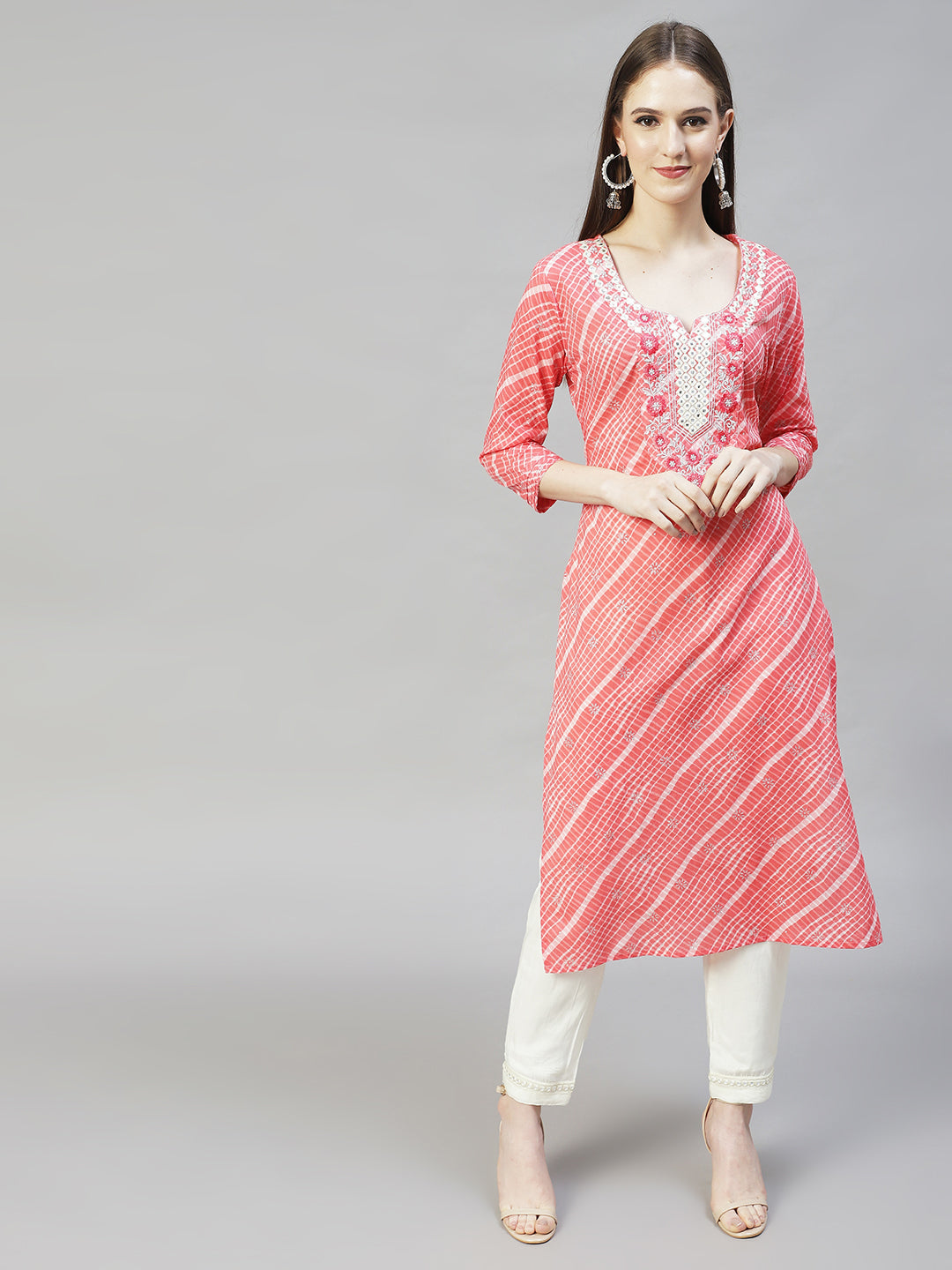 Ethnic Printed & Embroidered Straight Fit Kurta - Peach