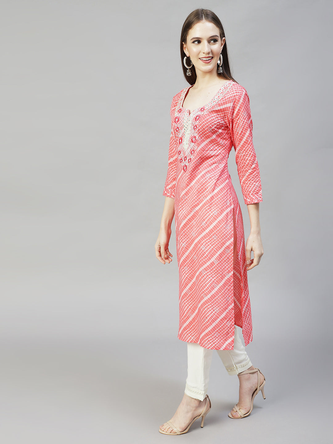 Ethnic Printed & Embroidered Straight Fit Kurta - Peach