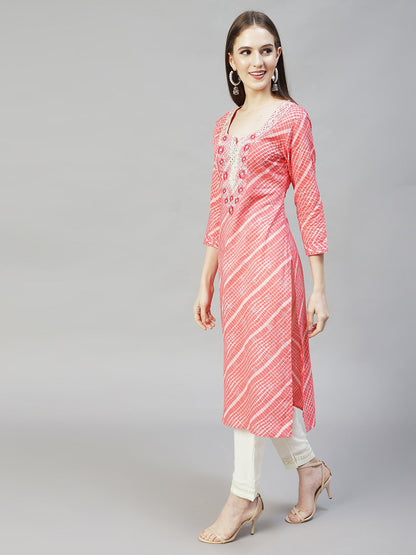 Ethnic Printed & Embroidered Straight Fit Kurta - Peach
