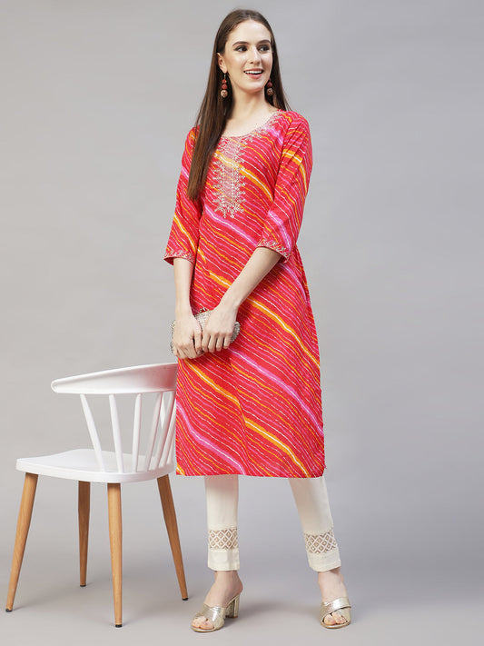 Leheriya Printed & Embroidered Straight Fit Kurta - Multi