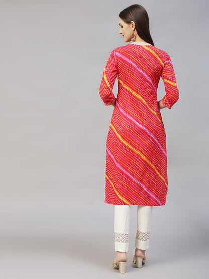 Leheriya Printed & Embroidered Straight Fit Kurta - Multi