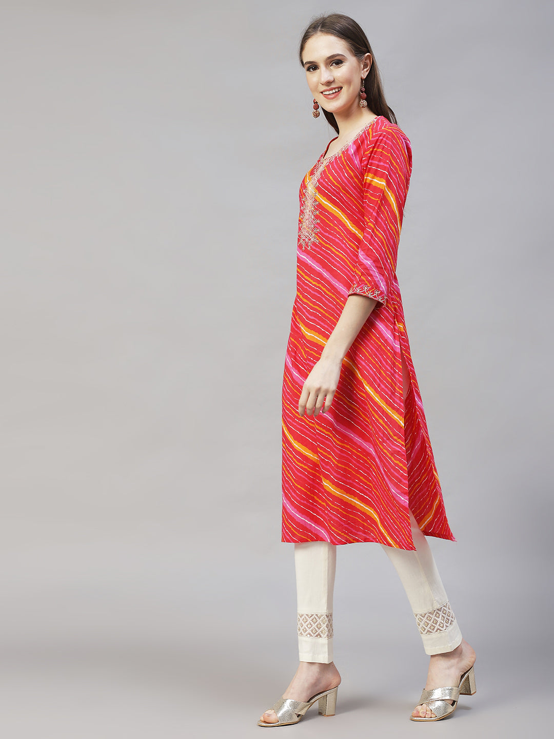 Leheriya Printed & Embroidered Straight Fit Kurta - Multi