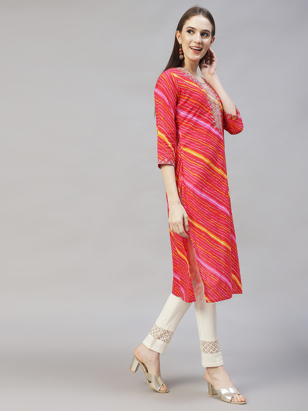 Leheriya Printed & Embroidered Straight Fit Kurta - Multi