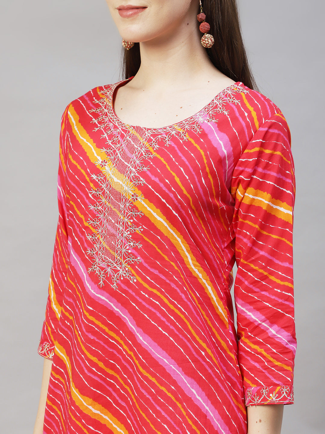 Leheriya Printed & Embroidered Straight Fit Kurta - Multi