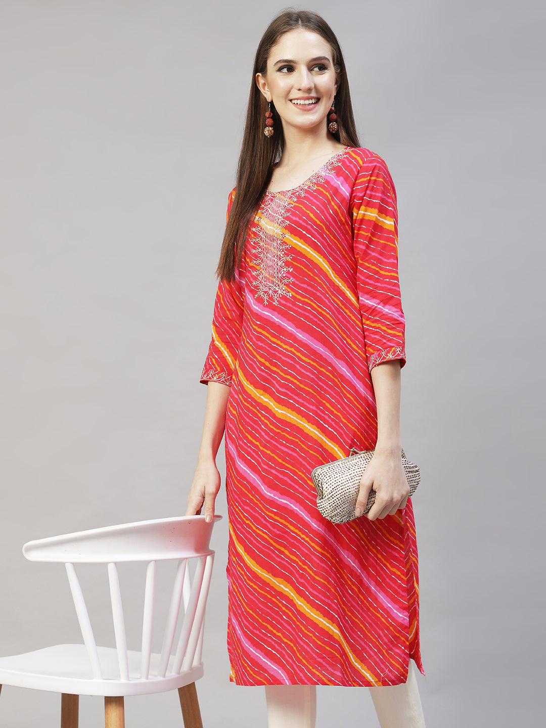 Leheriya Printed & Embroidered Straight Fit Kurta - Multi