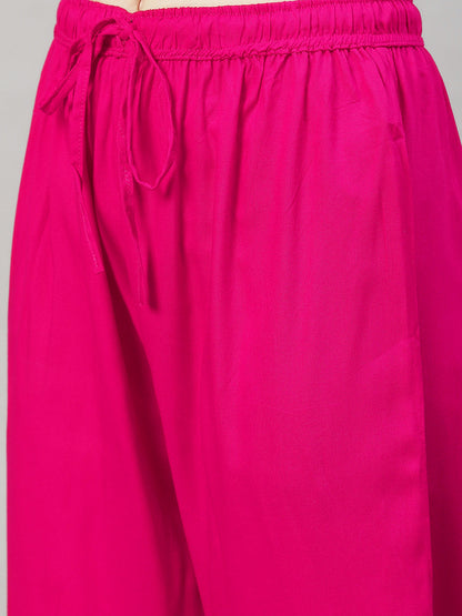 Floral Printed & Embroidered Straight Kurta with Pants & Dupatta - Rani Pink