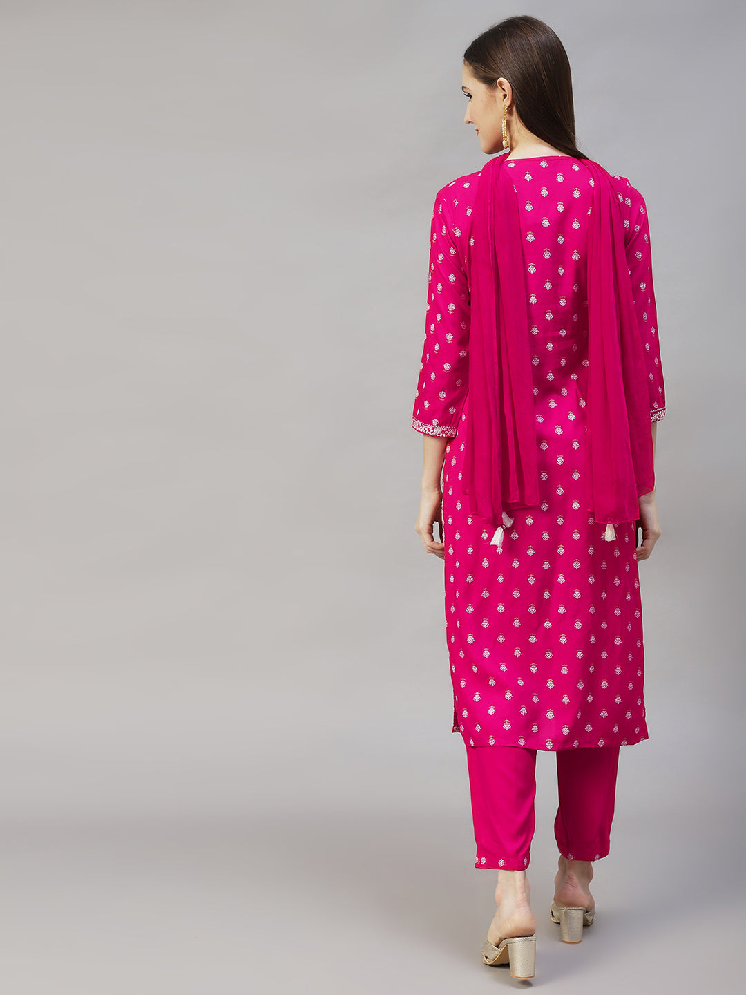 Floral Printed & Embroidered Straight Kurta with Pants & Dupatta - Rani Pink
