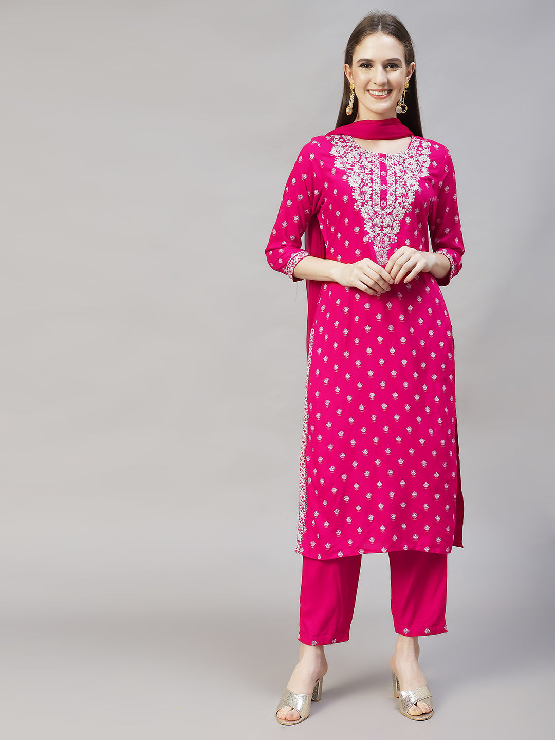 Floral Printed & Embroidered Straight Kurta with Pants & Dupatta - Rani Pink