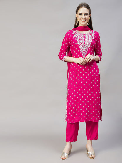 Floral Printed & Embroidered Straight Kurta with Pants & Dupatta - Rani Pink