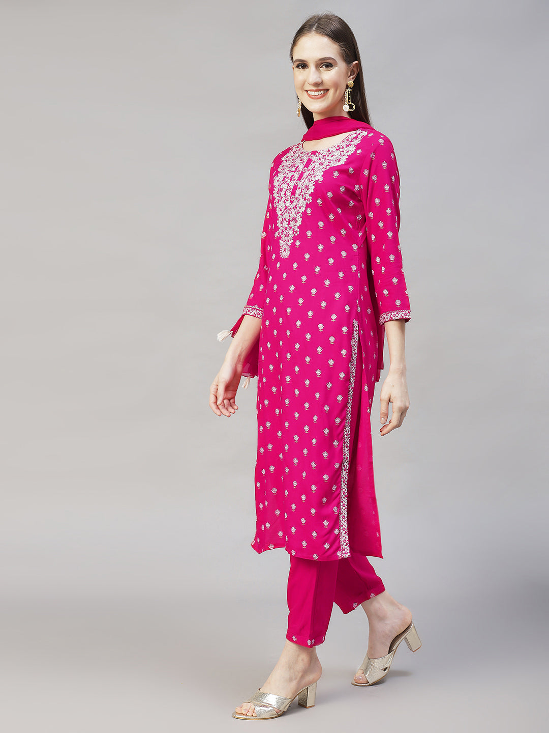 Floral Printed & Embroidered Straight Kurta with Pants & Dupatta - Rani Pink
