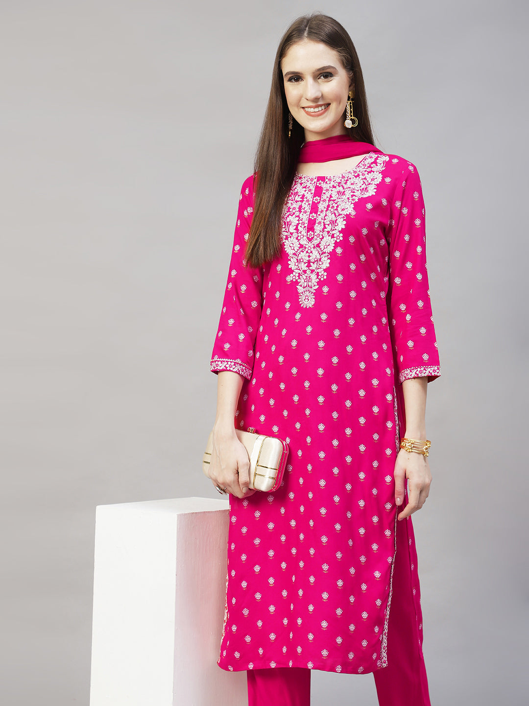Floral Printed & Embroidered Straight Kurta with Pants & Dupatta - Rani Pink