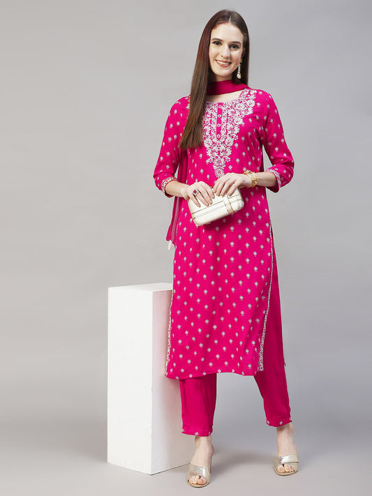 Floral Printed & Embroidered Straight Kurta with Pants & Dupatta - Rani Pink