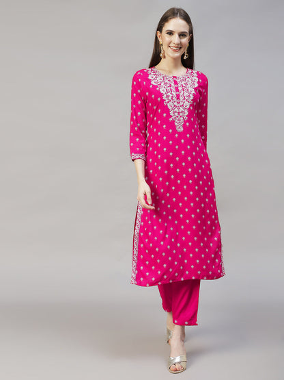 Floral Printed & Embroidered Straight Kurta with Pants & Dupatta - Rani Pink