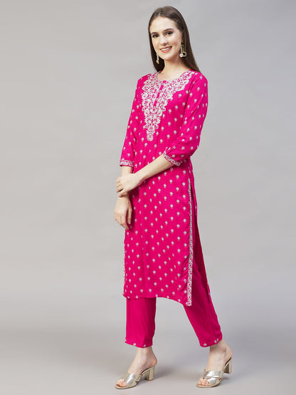 Floral Printed & Embroidered Straight Kurta with Pants & Dupatta - Rani Pink
