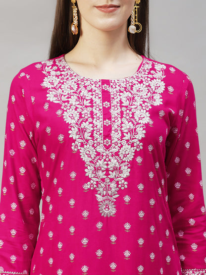 Floral Printed & Embroidered Straight Kurta with Pants & Dupatta - Rani Pink