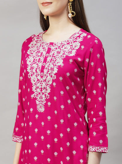 Floral Printed & Embroidered Straight Kurta with Pants & Dupatta - Rani Pink