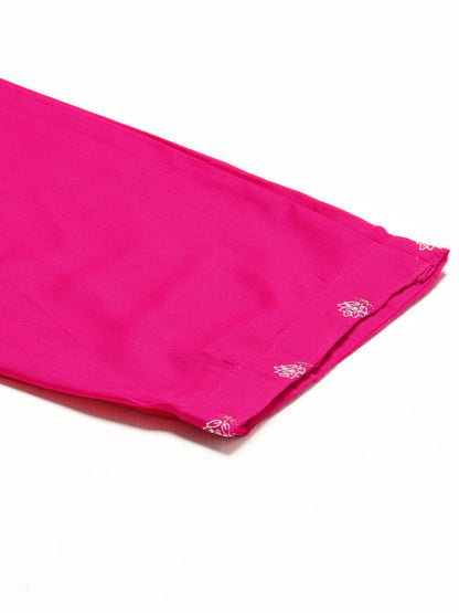 Floral Printed & Embroidered Straight Kurta with Pants & Dupatta - Rani Pink
