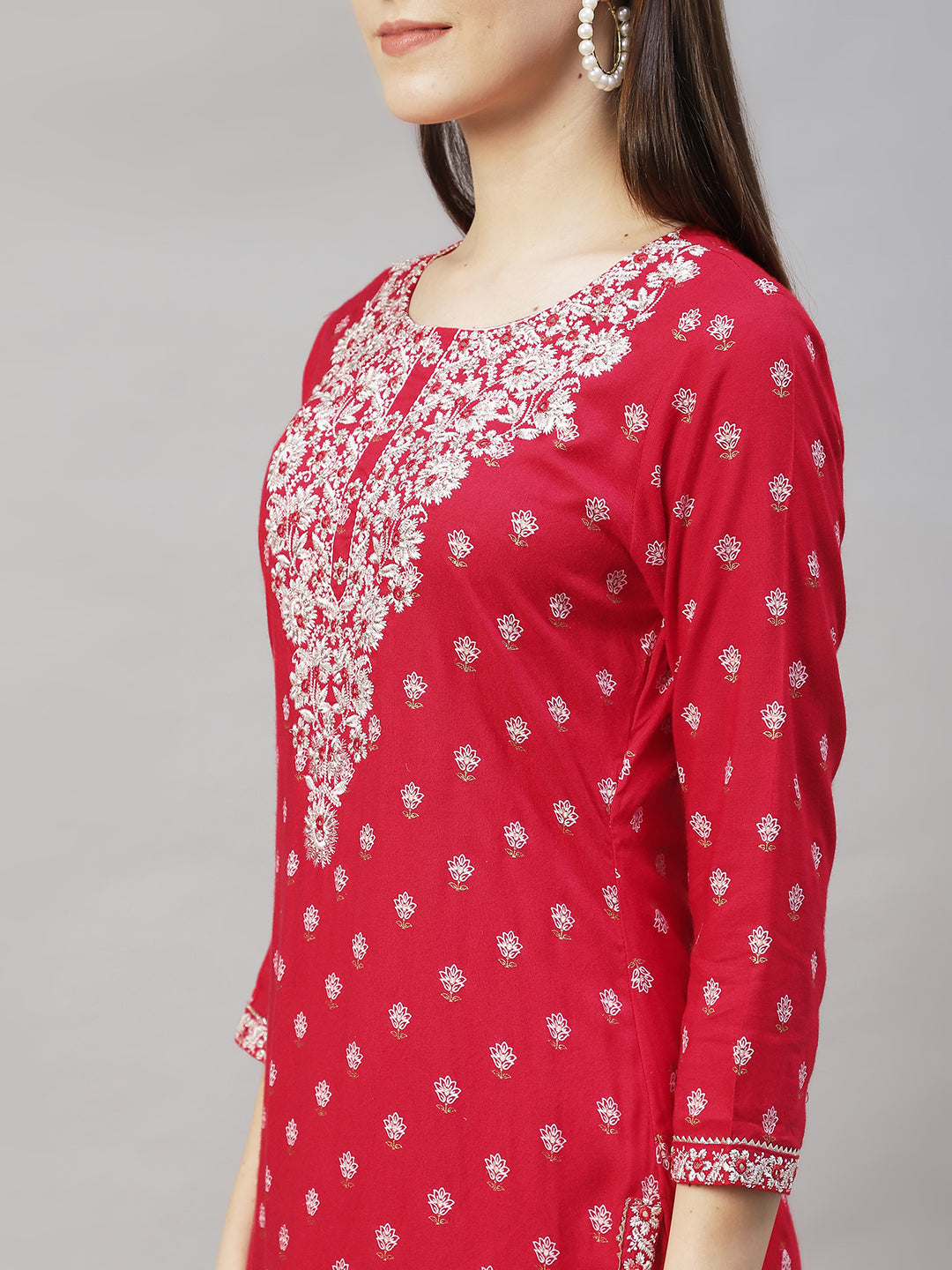 Floral Printed & Embroidered Straight Kurta with Pants & Dupatta - Red