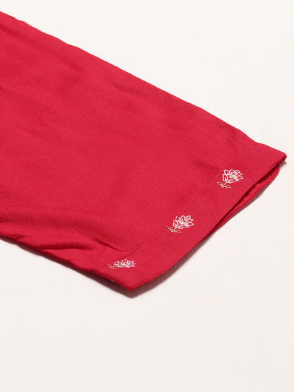 Floral Printed & Embroidered Straight Kurta with Pants & Dupatta - Red