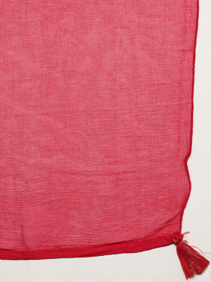 Floral Printed & Embroidered Straight Kurta with Pants & Dupatta - Red