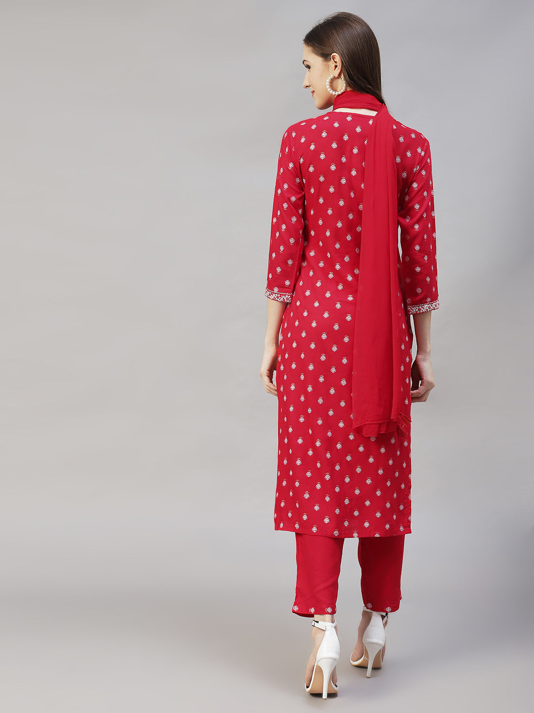 Floral Printed & Embroidered Straight Kurta with Pants & Dupatta - Red