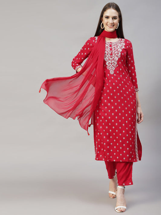 Floral Printed & Embroidered Straight Kurta with Pants & Dupatta - Red