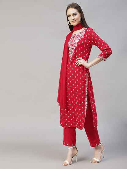 Floral Printed & Embroidered Straight Kurta with Pants & Dupatta - Red