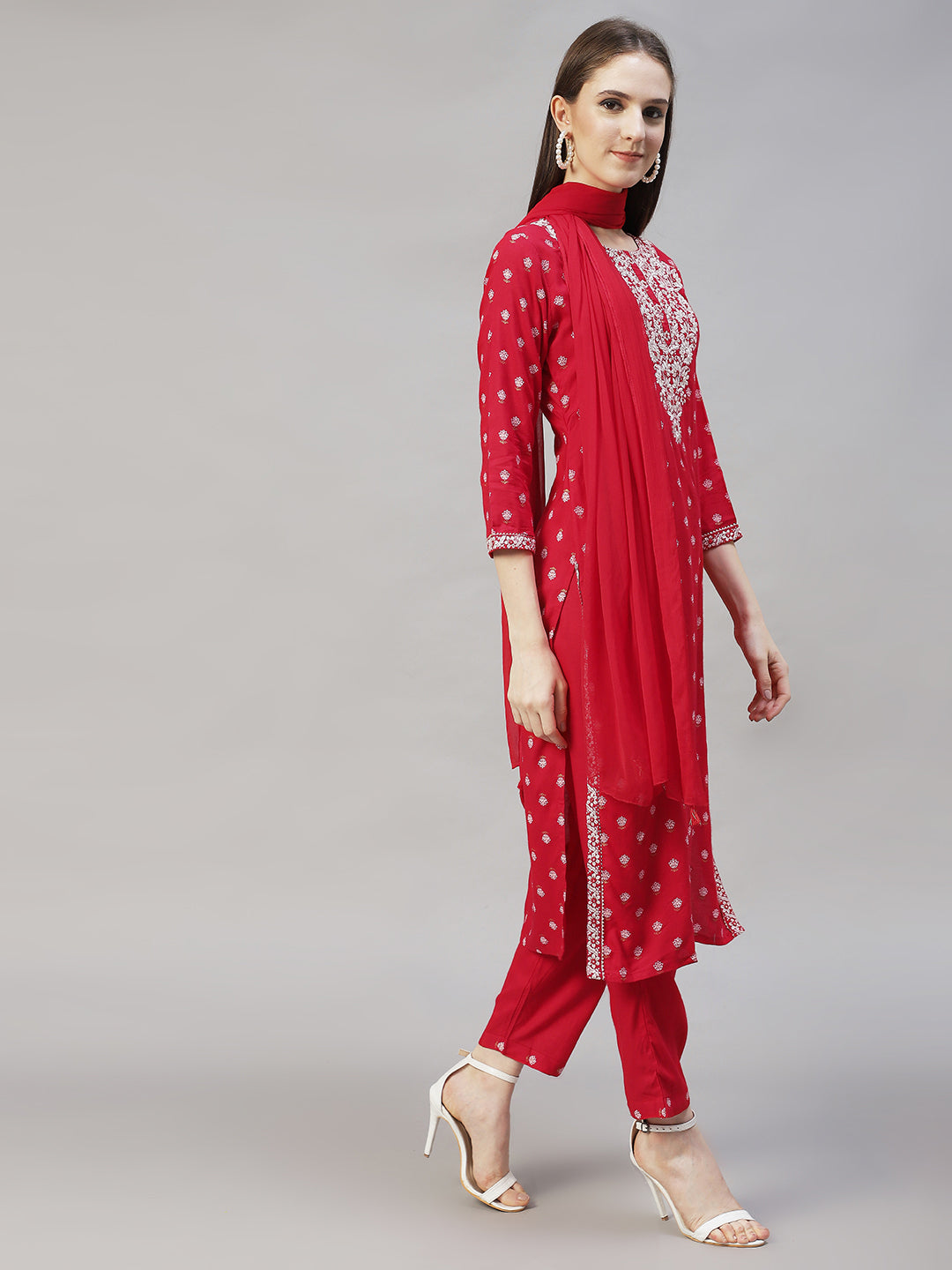 Floral Printed & Embroidered Straight Kurta with Pants & Dupatta - Red
