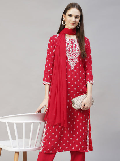 Floral Printed & Embroidered Straight Kurta with Pants & Dupatta - Red