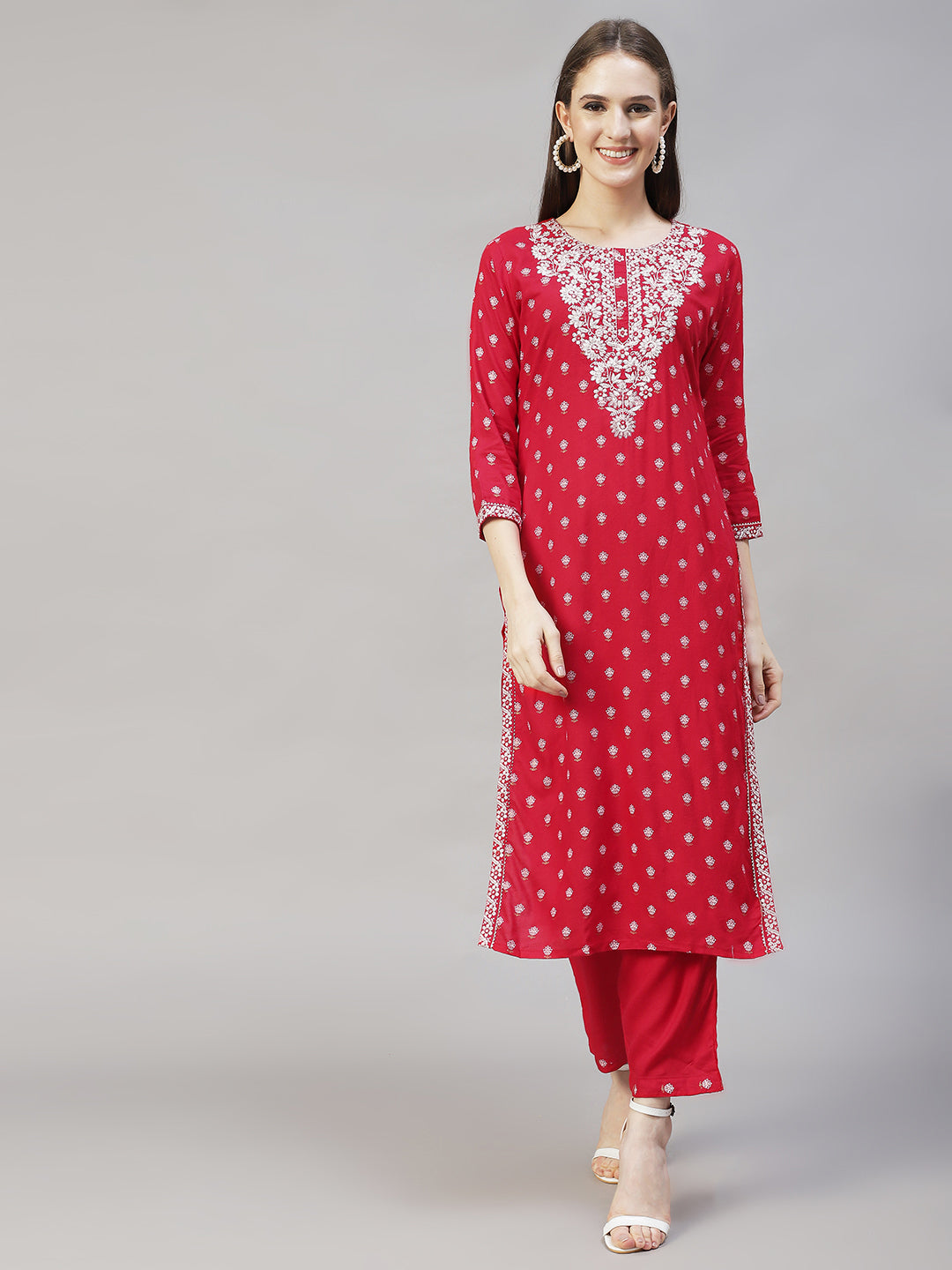 Floral Printed & Embroidered Straight Kurta with Pants & Dupatta - Red
