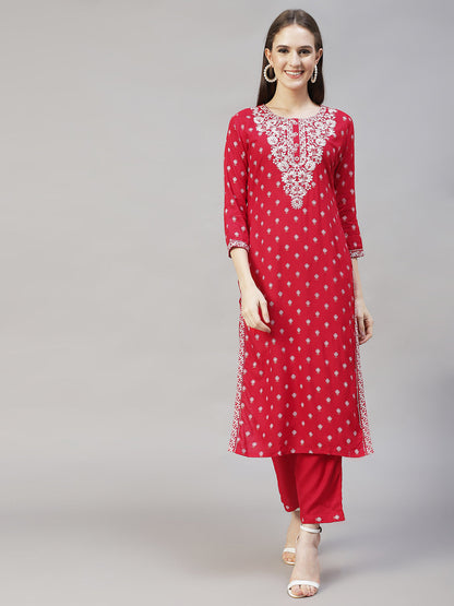 Floral Printed & Embroidered Straight Kurta with Pants & Dupatta - Red