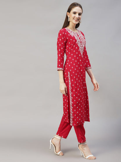 Floral Printed & Embroidered Straight Kurta with Pants & Dupatta - Red