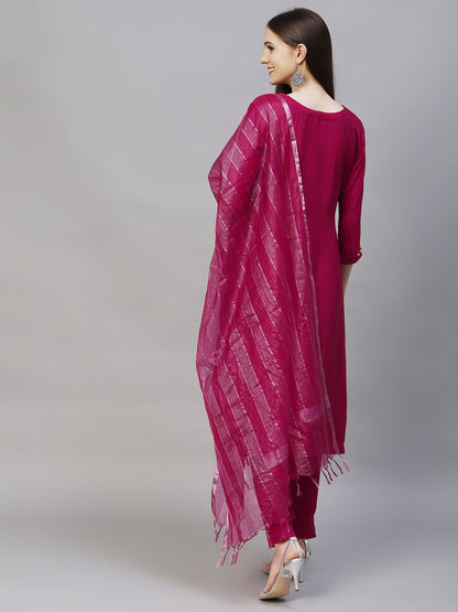 Ethnic Hand Embroidered Straight Kurta with Pants & Dupatta - Magenta Pink