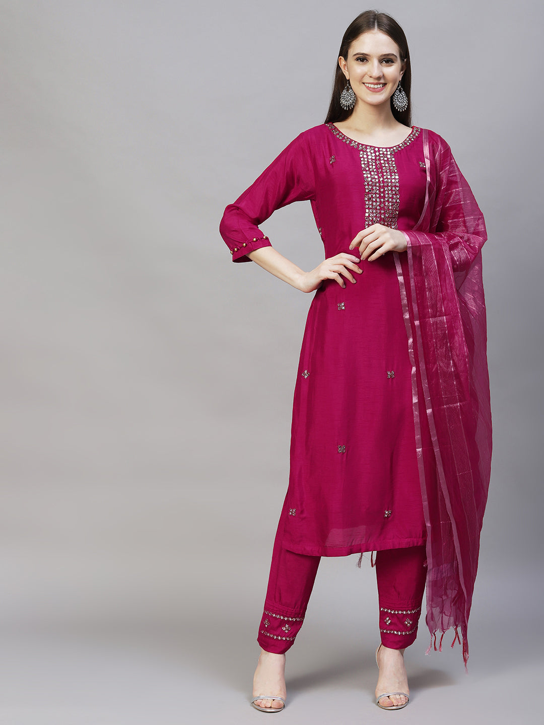 Ethnic Hand Embroidered Straight Kurta with Pants & Dupatta - Magenta Pink