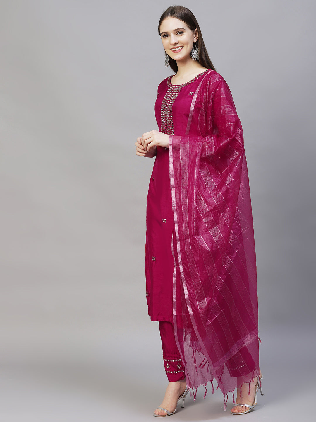 Ethnic Hand Embroidered Straight Kurta with Pants & Dupatta - Magenta Pink