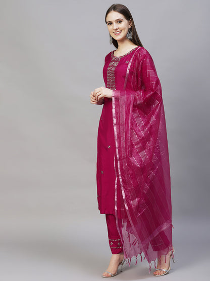 Ethnic Hand Embroidered Straight Kurta with Pants & Dupatta - Magenta Pink