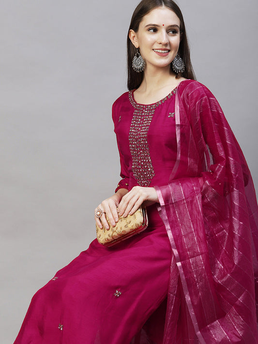 Ethnic Hand Embroidered Straight Kurta with Pants & Dupatta - Magenta Pink