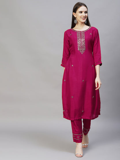 Ethnic Hand Embroidered Straight Kurta with Pants & Dupatta - Magenta Pink