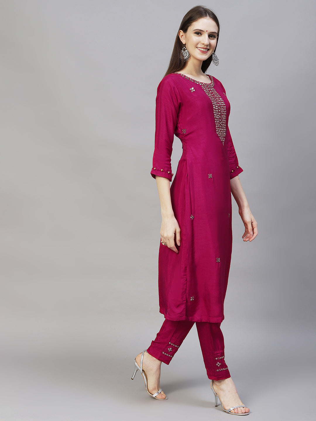 Ethnic Hand Embroidered Straight Kurta with Pants & Dupatta - Magenta Pink
