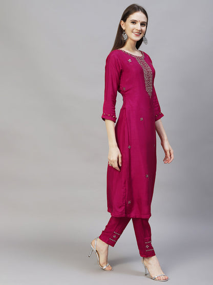 Ethnic Hand Embroidered Straight Kurta with Pants & Dupatta - Magenta Pink