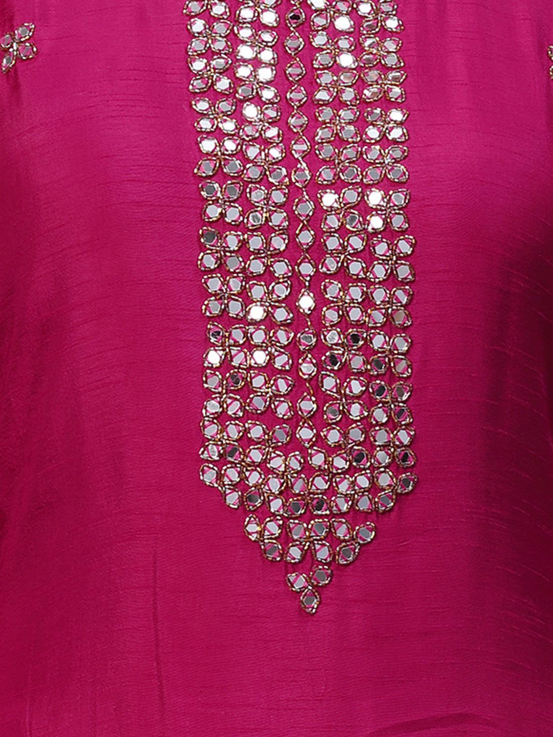 Ethnic Hand Embroidered Straight Kurta with Pants & Dupatta - Magenta Pink