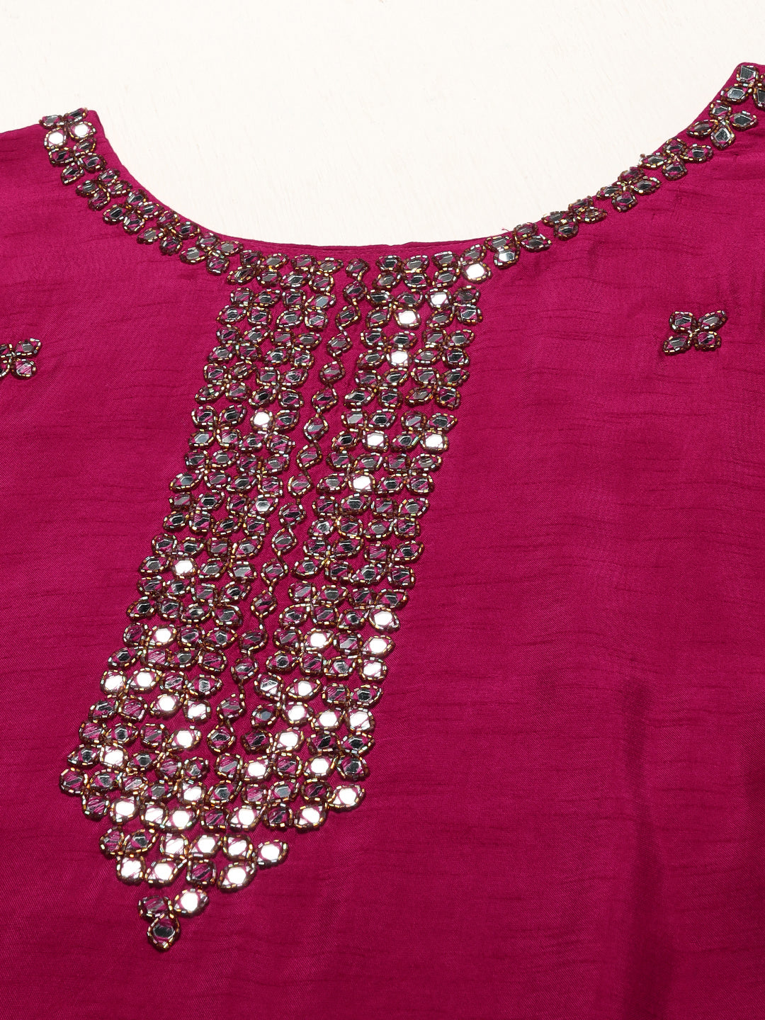 Ethnic Hand Embroidered Straight Kurta with Pants & Dupatta - Magenta Pink