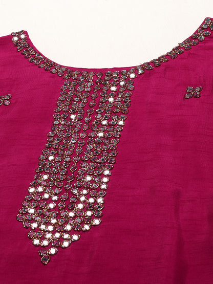 Ethnic Hand Embroidered Straight Kurta with Pants & Dupatta - Magenta Pink