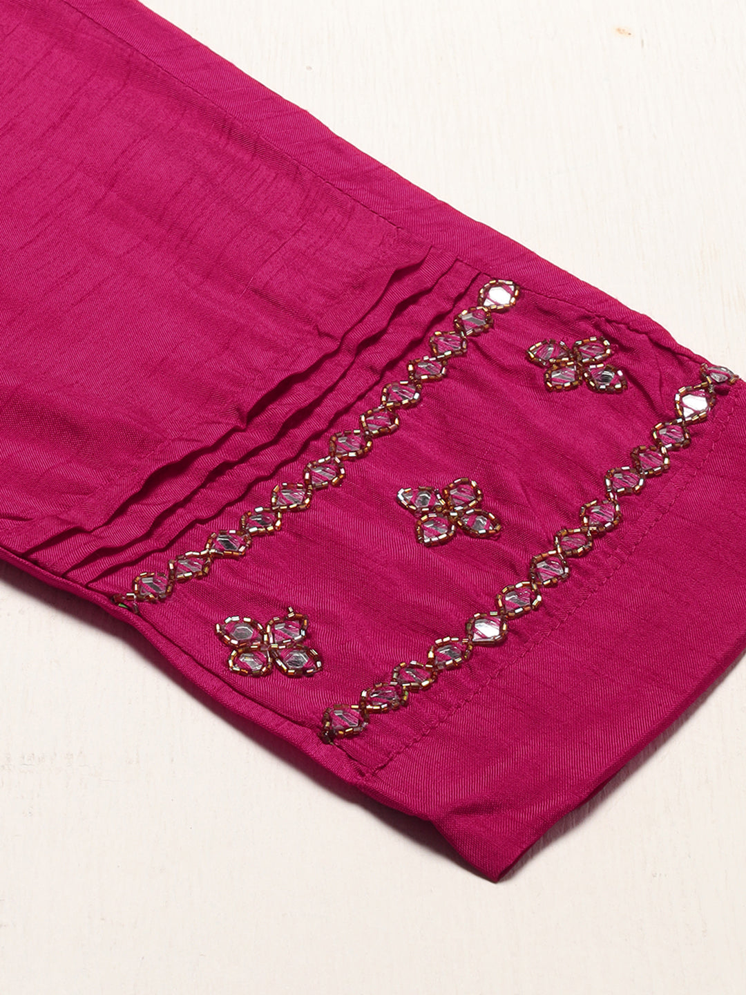 Ethnic Hand Embroidered Straight Kurta with Pants & Dupatta - Magenta Pink