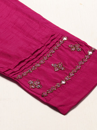 Ethnic Hand Embroidered Straight Kurta with Pants & Dupatta - Magenta Pink