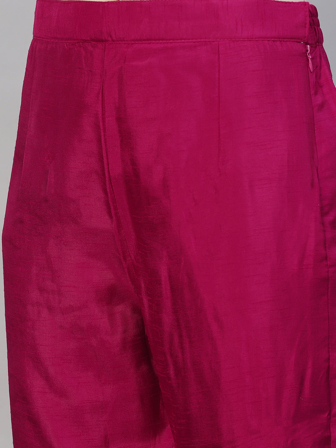 Ethnic Hand Embroidered Straight Kurta with Pants & Dupatta - Magenta Pink