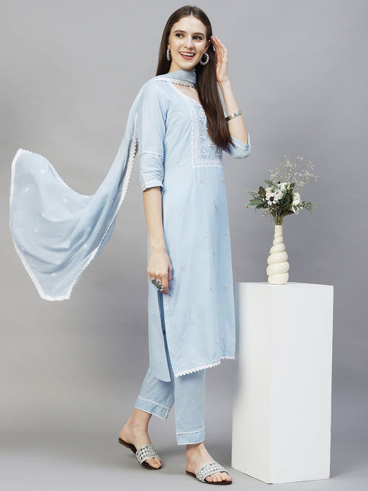 Ethnic Embroidered Straight Kurta with Pants & Dupatta - Powder Blue