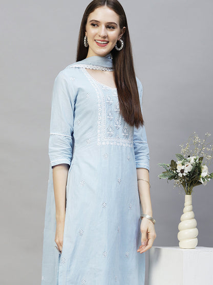Ethnic Embroidered Straight Kurta with Pants & Dupatta - Powder Blue