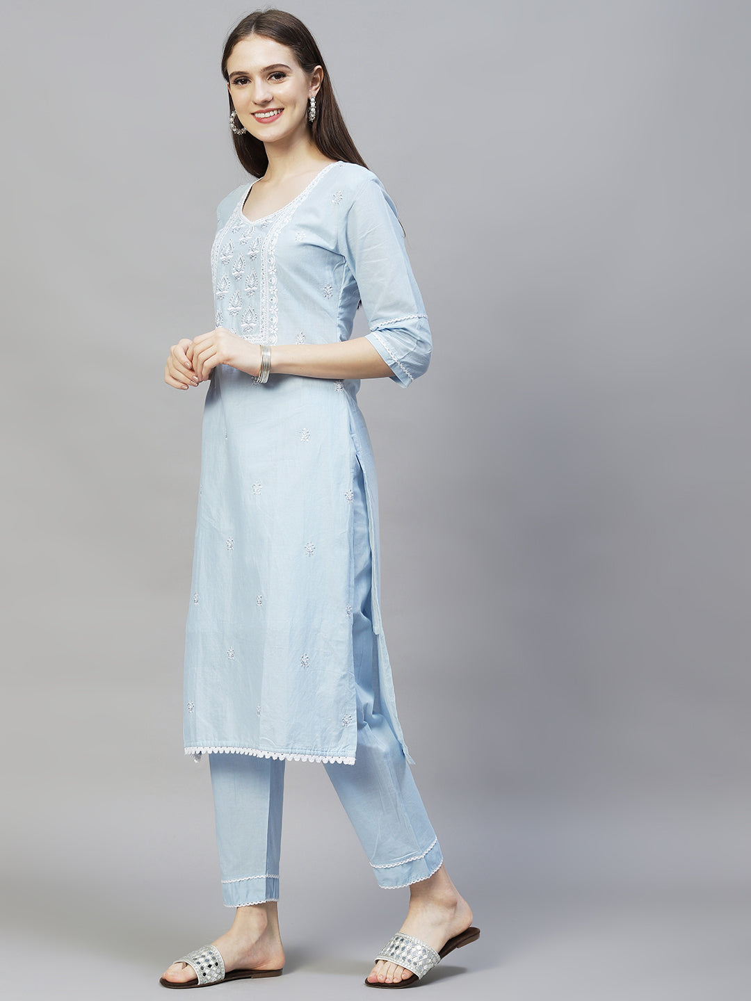 Ethnic Embroidered Straight Kurta with Pants & Dupatta - Powder Blue
